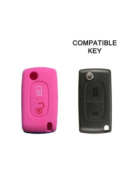 Guscio in Silicone Cover Chiave per Telecomando Peugeot 106 107 205 206 207 306 307 308 309 406 407 807 e Citroen C1 C2 C3 C4 Portachiave Rosa
