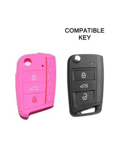 Guscio in Silicone Cover Chiave per Telecomando Volkswagen Golf (Serie 7) Seat Leon 7 Ibiza 7 Skoda Octavia A7 Portachiave Rosa