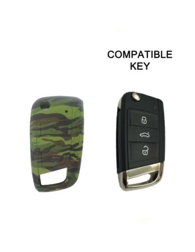Guscio in Silicone Cover Chiave per Telecomando Volkswagen Golf (Serie 7) Polo Scirocco Seat Leon 7 Ibiza 7 Skoda Octavia A7 Portachiave Integrale Militare Camouflage