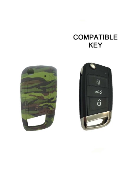 Guscio in Silicone Cover Chiave per Telecomando Volkswagen Golf (Serie 7) Polo Scirocco Seat Leon 7 Ibiza 7 Skoda Octavia A7 Portachiave Integrale Militare Camouflage