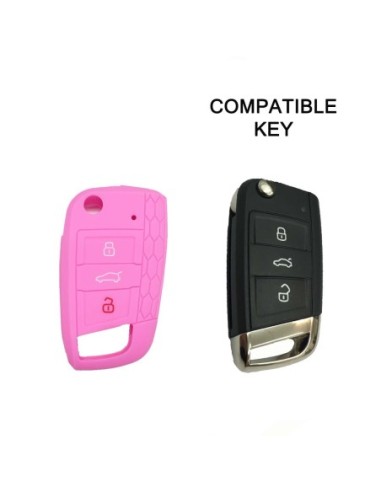 Guscio in Silicone Cover Chiave per Telecomando Volkswagen Golf (Serie 7) Polo Scirocco Seat Leon 7 Ibiza 7 Skoda Octavia A7 Portachiave Integrale Rosa