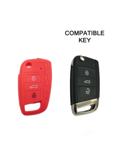 Guscio in Silicone Cover Chiave per Telecomando Volkswagen Golf (Serie 7) Polo Scirocco Seat Leon 7 Ibiza 7 Skoda Octavia A7 Portachiave Integrale Rosso